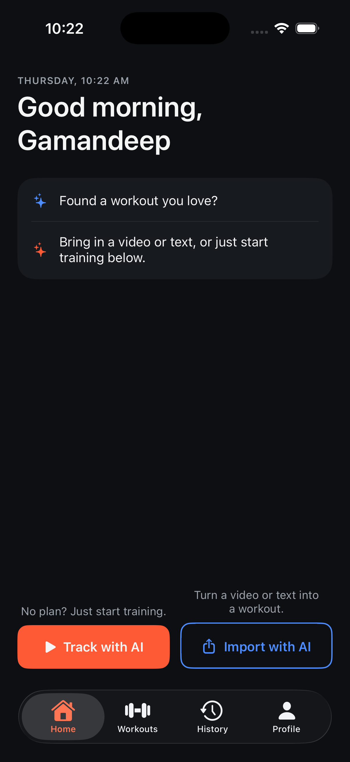 Fitoor Home screen with Track with AI and Import with AI buttons