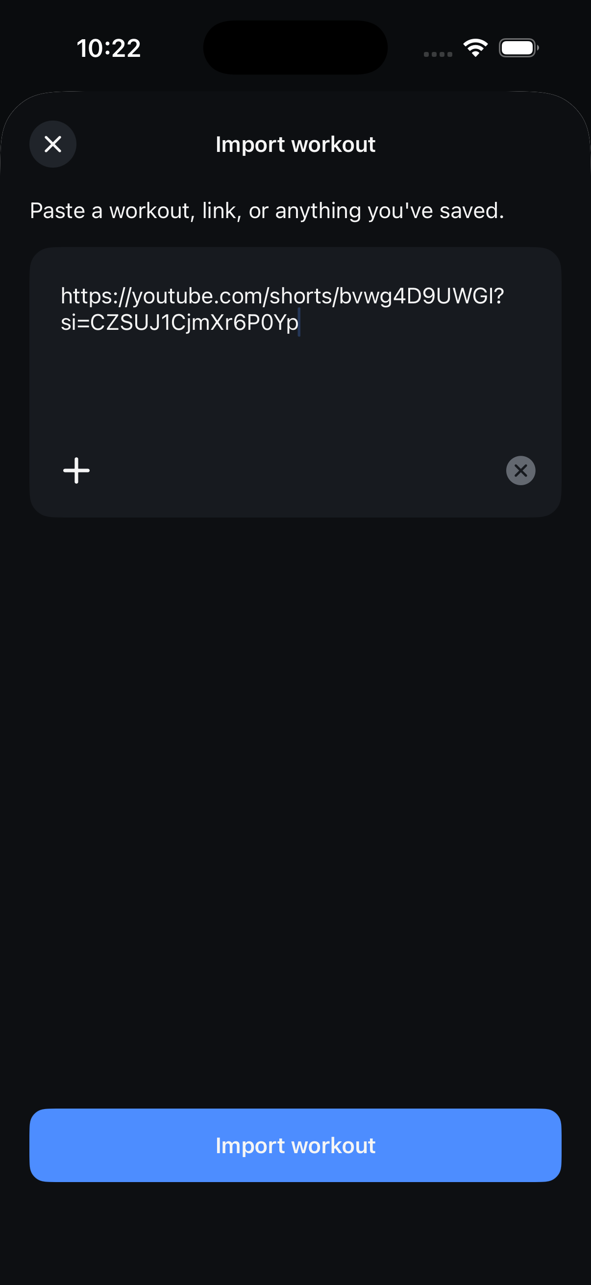 Import workout screen with a pasted YouTube link ready to import