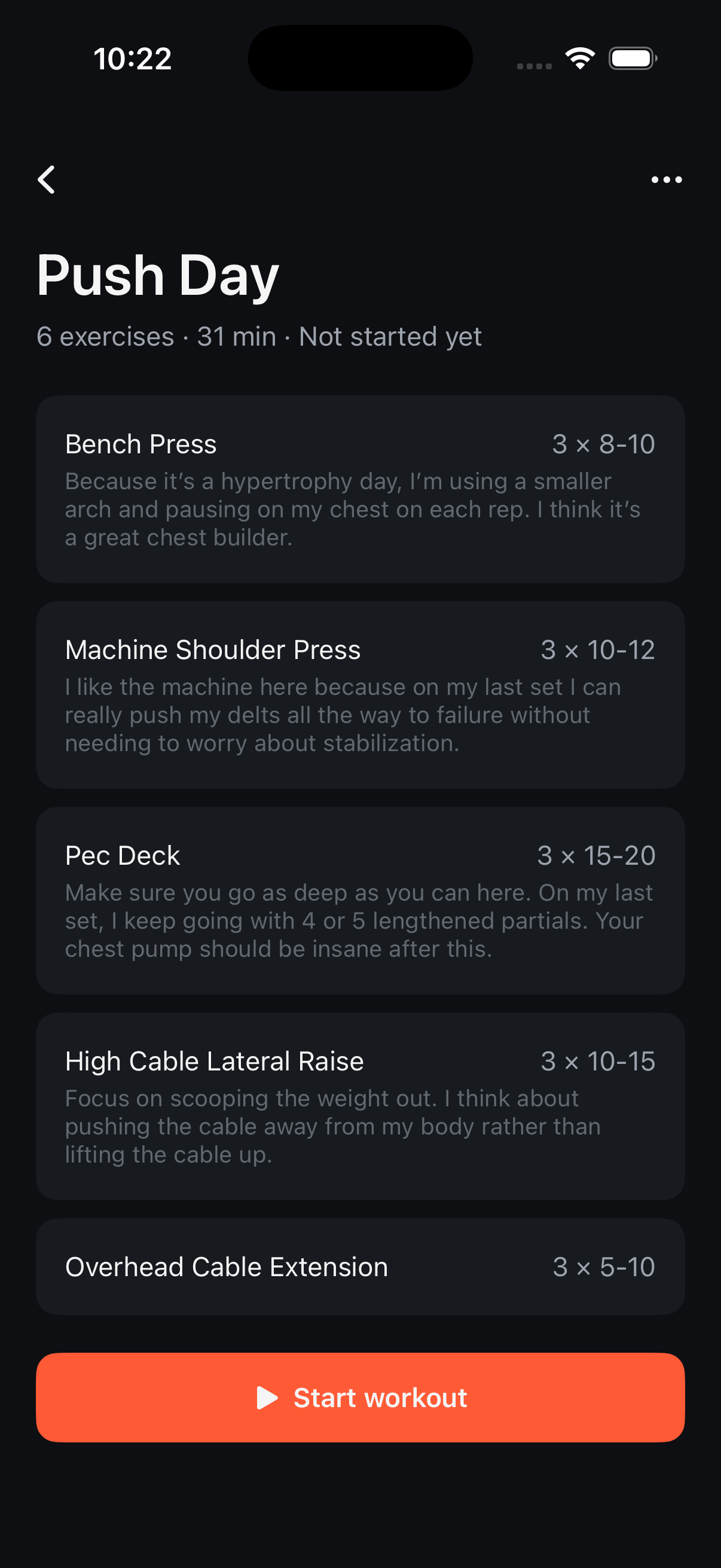 Workout Detail screen showing a Push Day template with six exercises