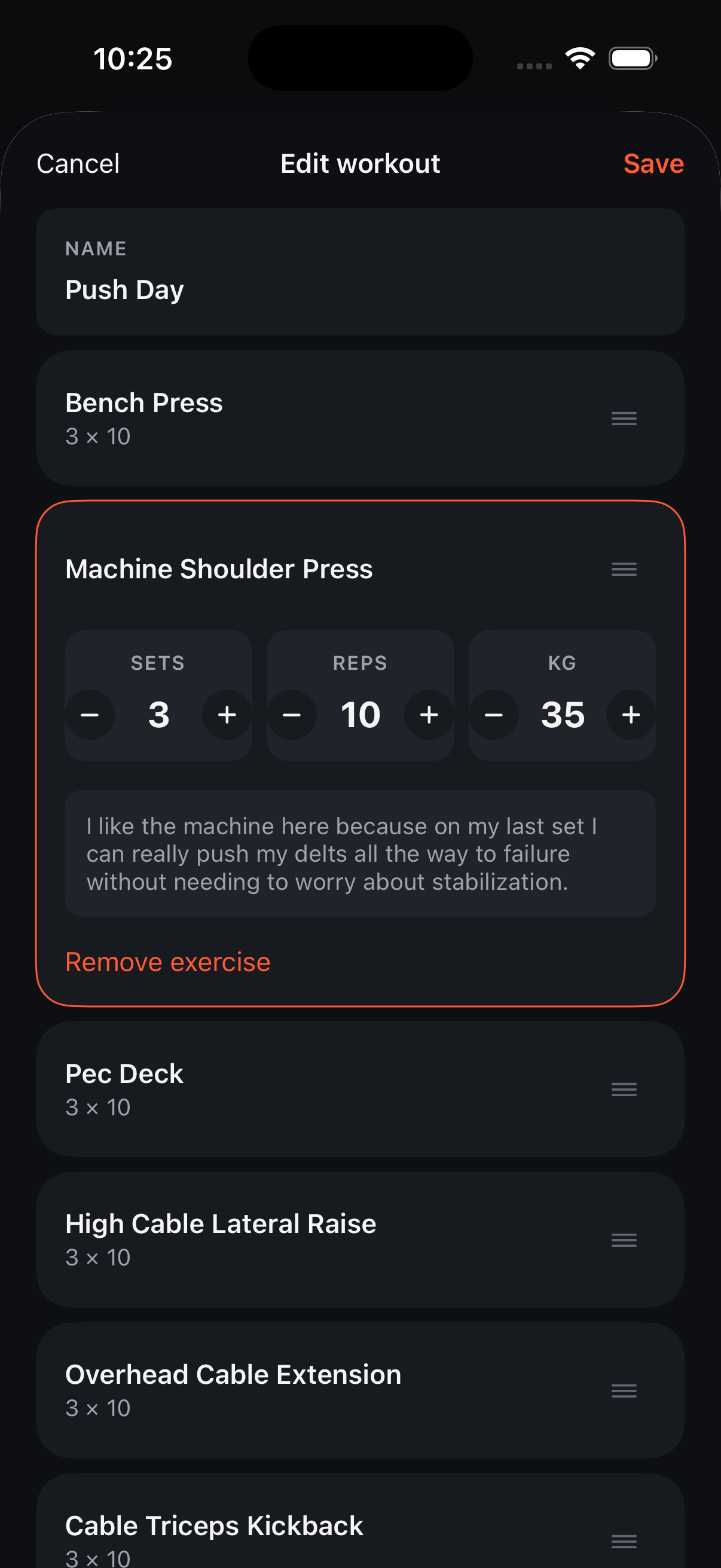 Edit workout screen with an exercise expanded to show sets, reps, and weight steppers