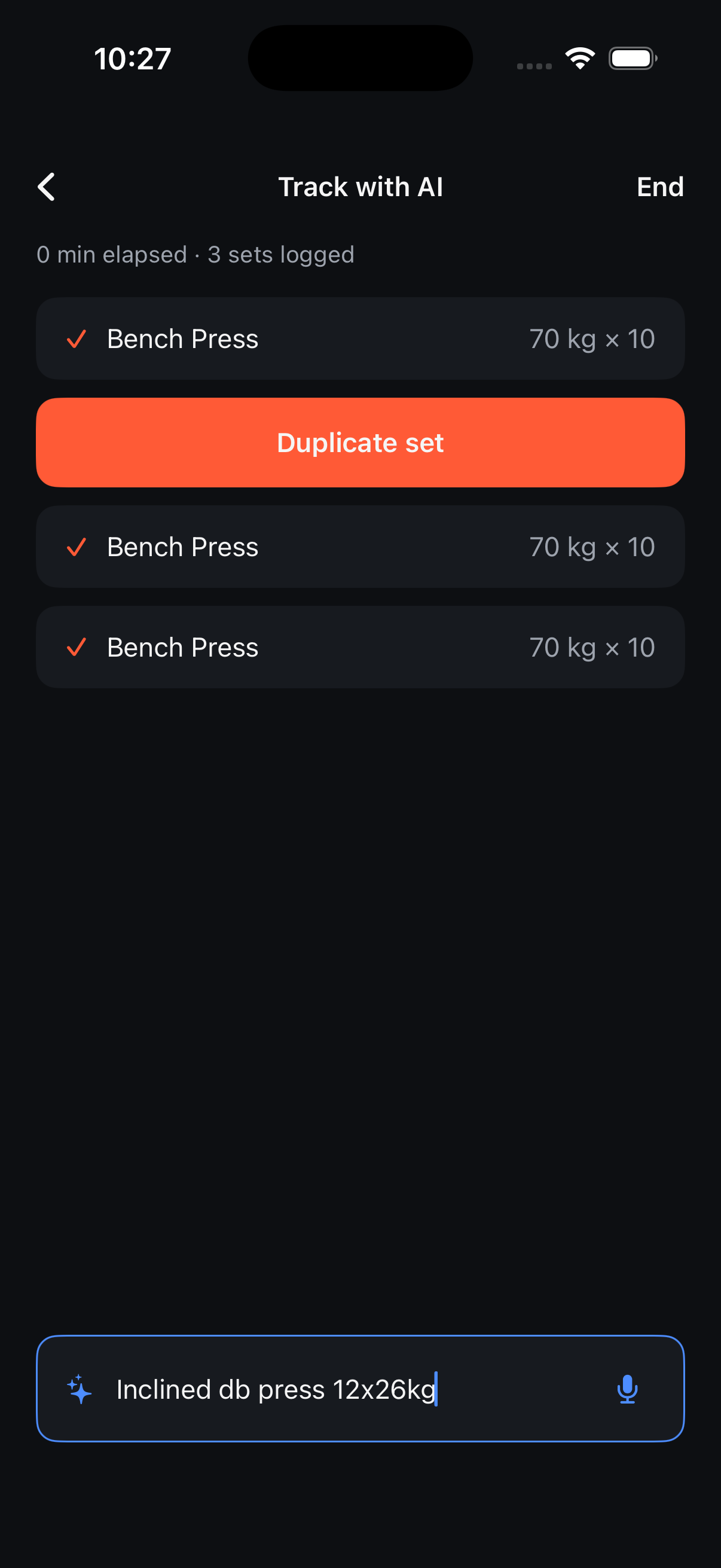 Track with AI screen logging sets from natural-language input