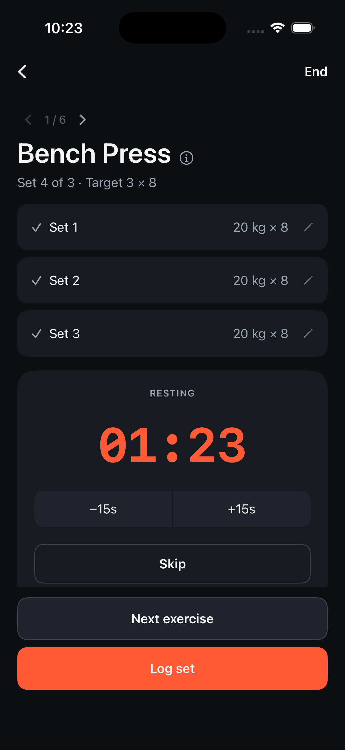 Active Workout screen with a rest timer counting down between sets